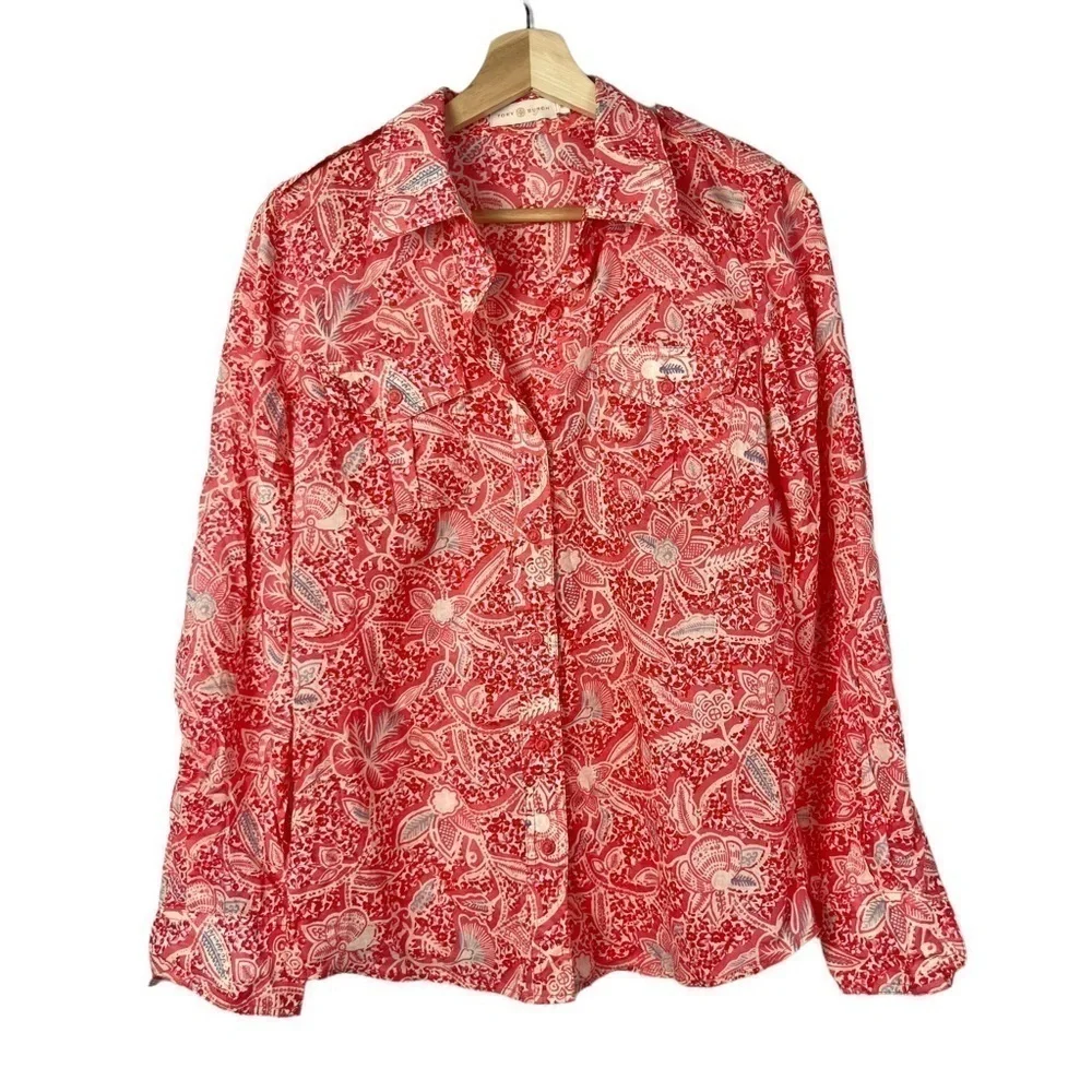 Tory Burch Pink & Blue Printed Long Sleeve Button‎ Down 10
